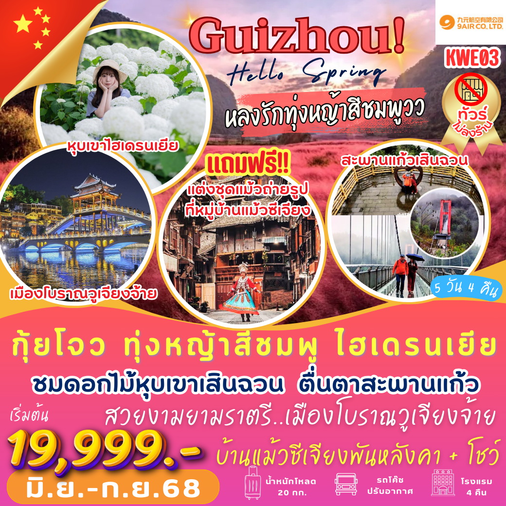 ทัวร์จีน Guizhou Hello Spring กุ้ยโจว ทุ่งหญ้าสีชมพู ไฮเดรนเยีย 5วัน 4คืน (AQ)