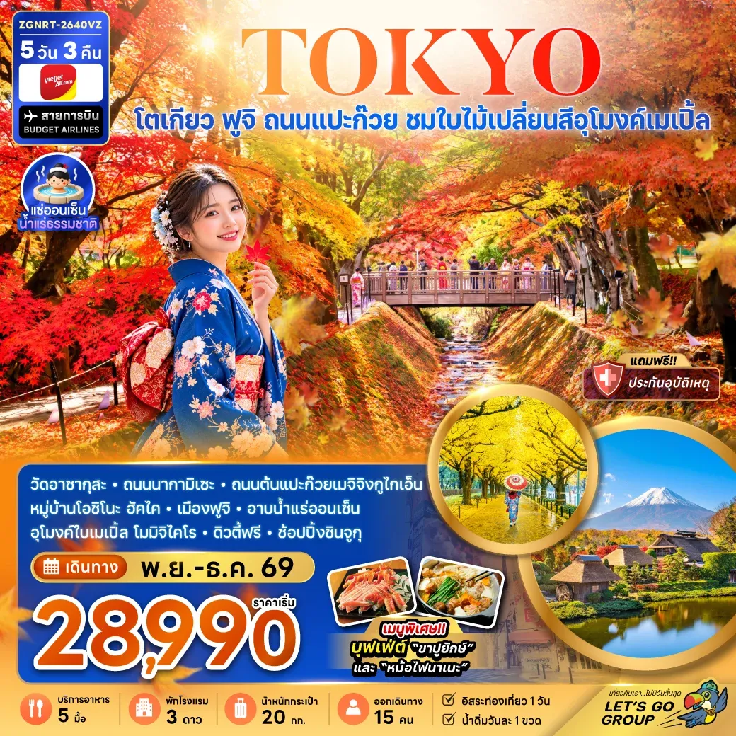 ทัวร์ญี่ปุ่น โตเกียว ฟูจิ ถนนแปะก๊วย ชมใบไม้เปลี่ยนสีอุโมงค์เมเปิ้ล 5วัน 3คืน (VZ)